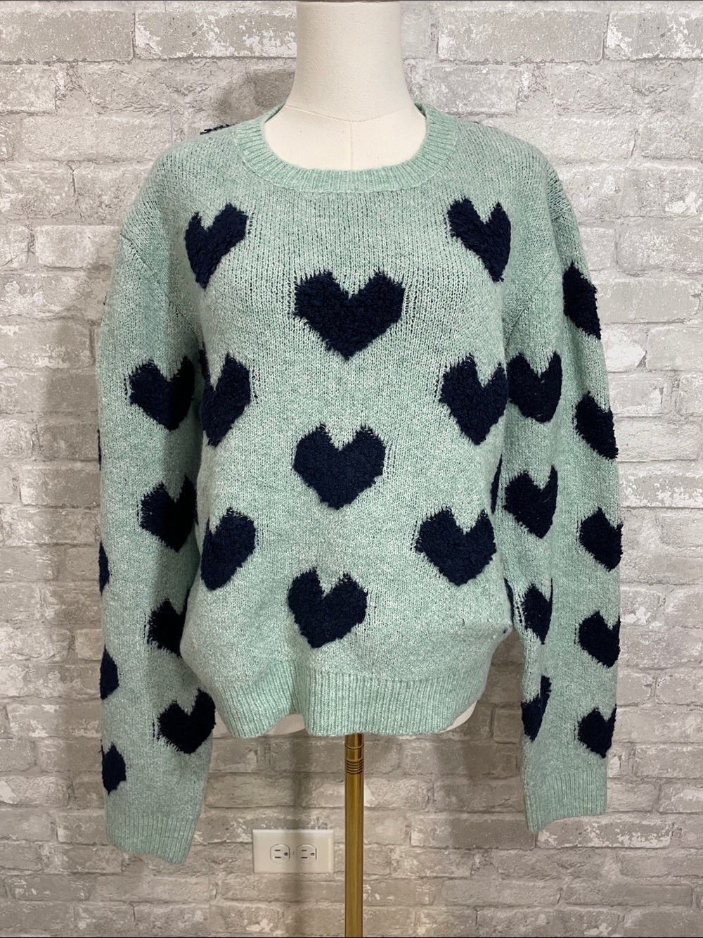 & Merci Mint Green Crewneck Sweater with Navy Heart Motif